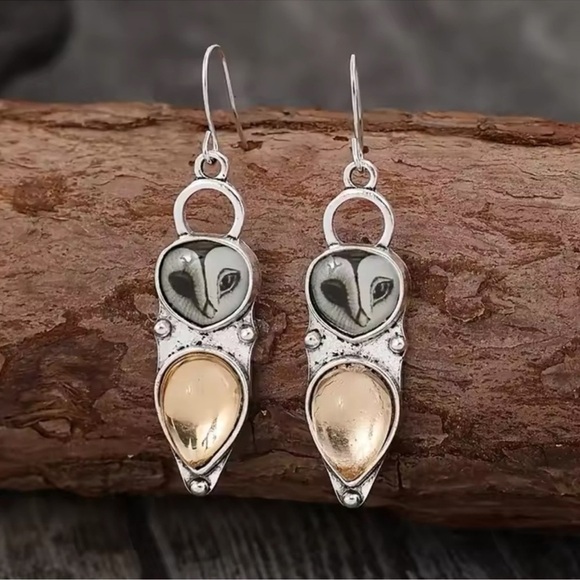 Gothic Owl Silver Tone Earrings - Picture 1 of 4